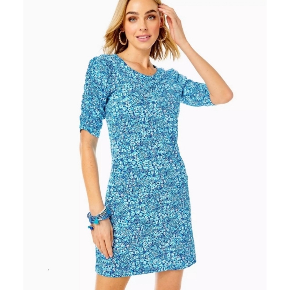 Lily Pulitzer Blue Floral 100% Cotton Dress with Ruched 3/4 Sleeves Size L
